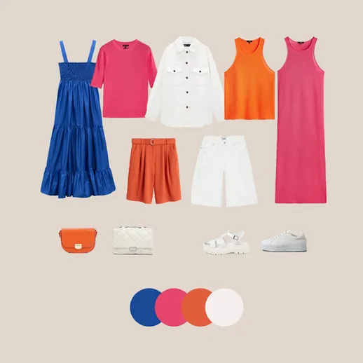 Разнообразные наряды для лета: платья и топы ярких цветов на нейтральном фоне