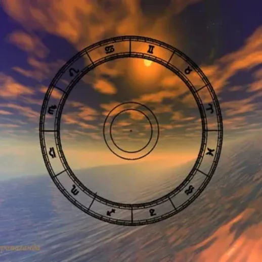 Восход солнца на фоне морской глади с кругом зодиака в центре, произведённый в цифровом формате