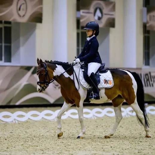 Конкурная тренировка юной всадницы на пони в манеже