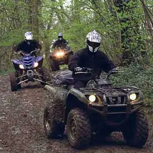 Четыре квадроцикла в лесу, участники преодолевают грязную тропу в яркий солнечный день