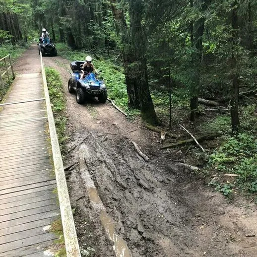 Поездка на квадроцикле по лесной тропе в дождливую погоду с грязью и колеями в южном регионе страны