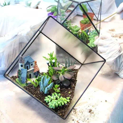 Уникальный террариум с суккулентами и миниатюрным домиком в стеклянной композиции