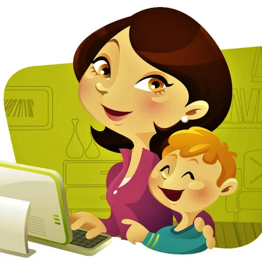 Мама помогает сыну учиться, сидя за компьютером в уютном домашнем интерьере