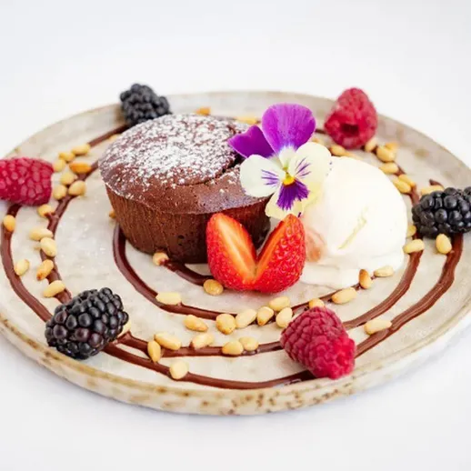 Шоколадный десерт с мороженым, ягодами и цветами на тарелке, идеально оформленный для подачи в ресторане