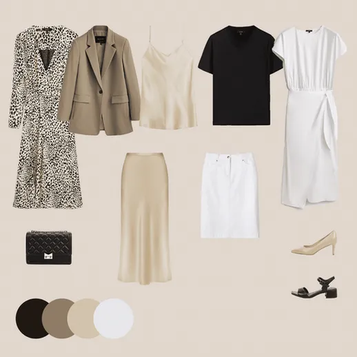 Собрание стильных нарядов для весеннего сезона с цветами бежевый, черный и белый