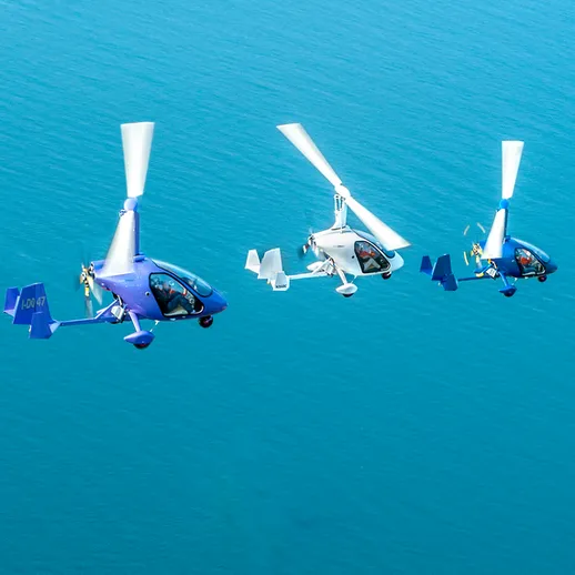 Три летательных аппарата на фоне голубой воды, взлетающие в ясный день рядом с берегом