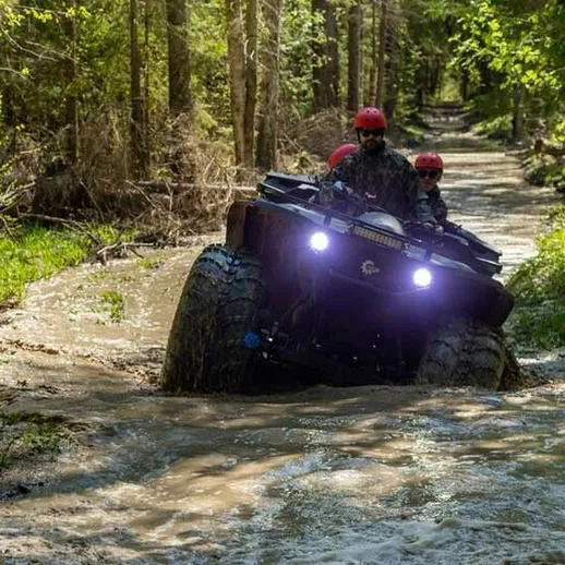 Внедорожный квадроцикл преодолевает заболоченный маршрут в лесу во время дня