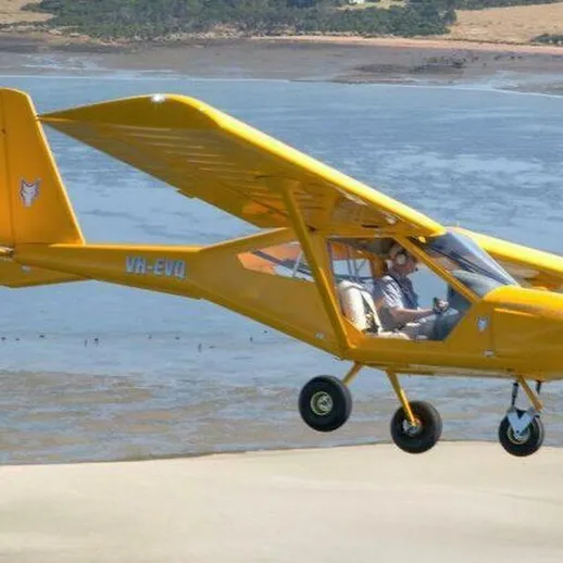 Желтый легкий самолет выполняет полет над живописным водоемом в ясный день