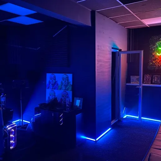 Стильный игровой кабинет с неоновыми огнями и уютной атмосферой