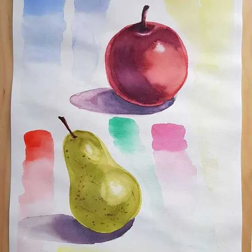 Яблоко и груша, выполненные акварелью на бумаге с цветными образцами в фоновом режиме