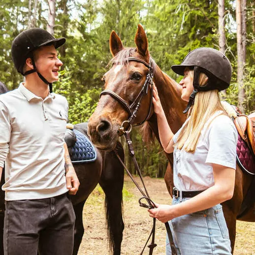 Молодая пара общается с лошадьми на конной прогулке в лесу в солнечный день Молодая пара общается с лошадьми на конной прогулке в лесу в солнечный день