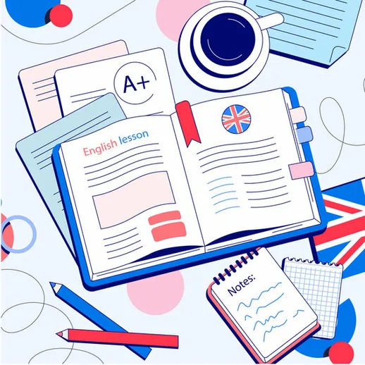 Час занятия английским языком с учебником и канцелярскими принадлежностями на столе