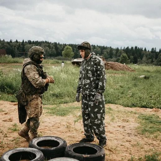 Солдаты обсуждают тактические действия на тренировочной площадке в лесистой местности