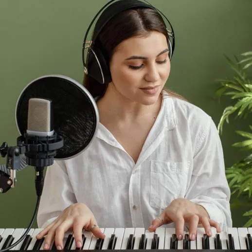 Женщина играет на пианино и поет в студии с растениями