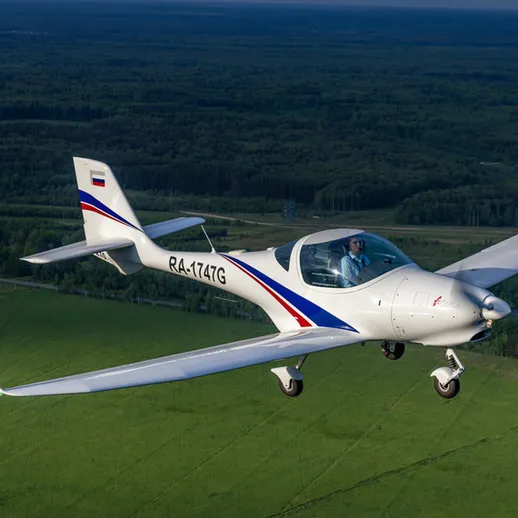 Малый спортивный самолет в воздухе над зелеными полями России на фоне лесов