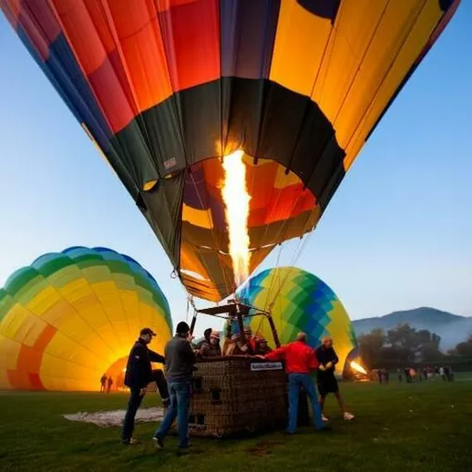 Восход солнца над яркими воздушными шарами на старте в живописной местности
