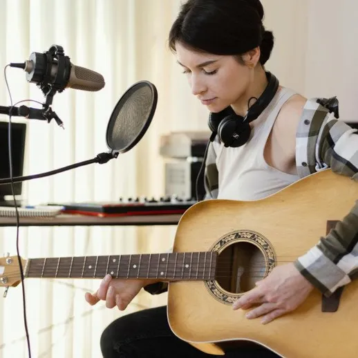 Девушка играет на гитаре в студии звукозаписи