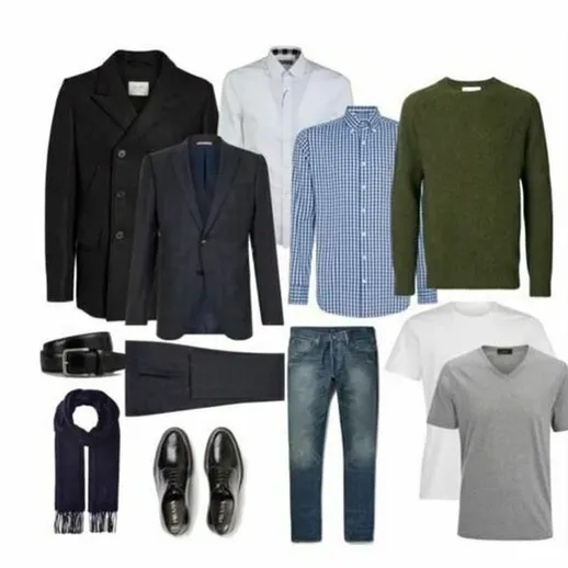 Набор мужской одежды для осеннего гардероба с разнообразием стильных вещей разных цветов и фасонов