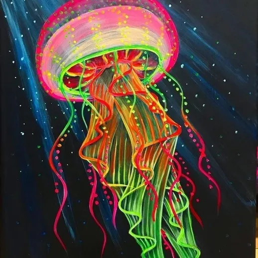 Яркая медуза на черном фоне с разноцветными деталями и световыми эффектами