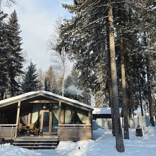 Уютный домик в зимнем лесу, окруженный снежными деревьями, на фоне голубого неба в ясный зимний день