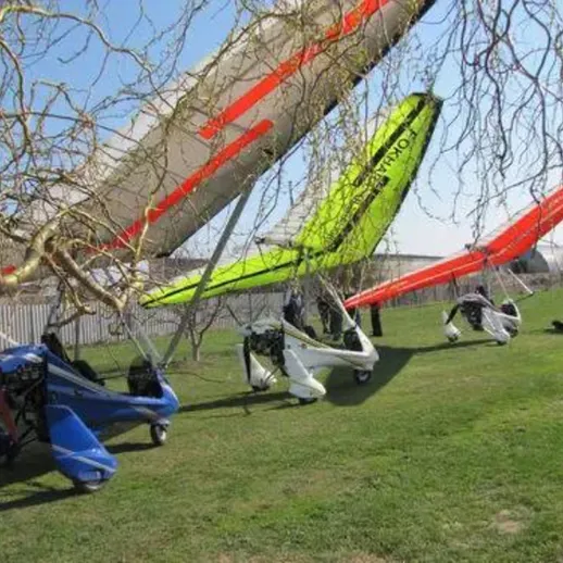 Групповая подготовка легких учебных самолетов на травяном поле в солнечный день