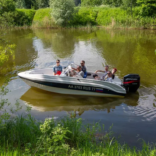 Группа людей на моторной лодке наслаждается летом на реке в зеленом окружении