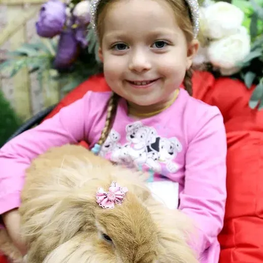 Девочка с кроликом на красной подушке в украшенном саду во время веселого праздника