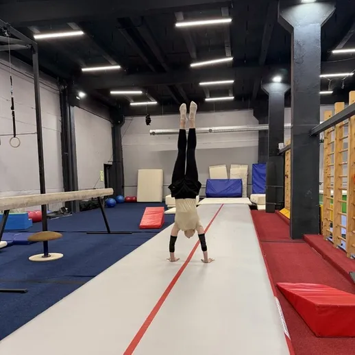 Упражнение на руках в спортивном зале с гимнастическим покрытием