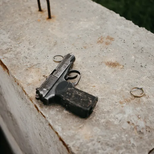 На бетонной поверхности лежит пистолет, окружённый кольцами, вероятно, в заброшенном месте