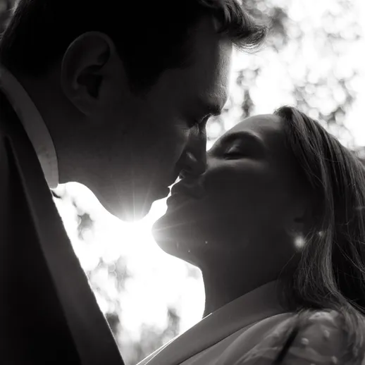 Молодожены целуются на фоне солнечного света в лесу во время церемонии