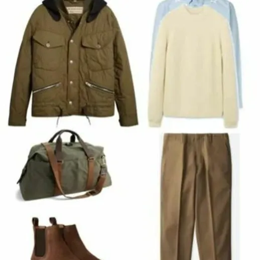 Стильная мужская одежда для осеннего сезона, включая куртку, свитер, брюки и обувь