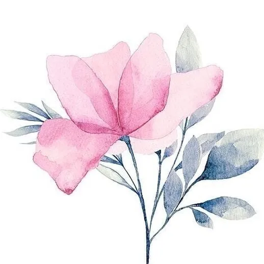 Красивая акварельная работа с розовым цветком и зелеными листьями на белом фоне