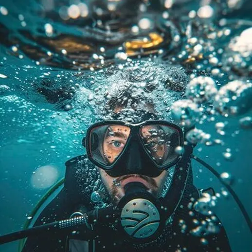 Подводное погружение дайвера с аквалангом в тёплых водах тропического моря