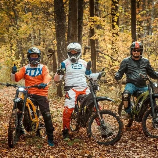 Группа людей на мотоциклах в лесу осенью, радуются на фоне деревьев и желтых листьев