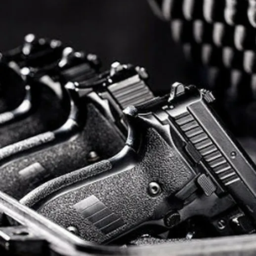 Ящики с пистолетами на фоне мягкой упаковки в интерьере оружейного склада