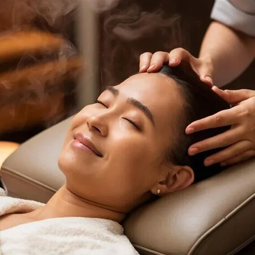 Расслабляющий массаж головы в спа-салоне в спокойной атмосфере вечером