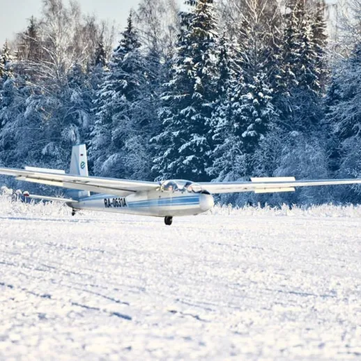 Силуэт легкого самолета на заснеженной лужайке среди леса зимним днем