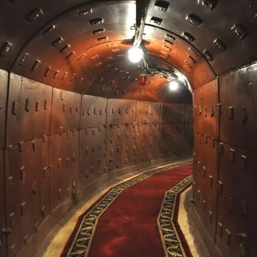 Загадочный туннель с красным ковром освещен светом в подземном месте