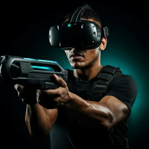 Человек в виртуальной реальности с гарнитурой и оружием в руках на фоне темного пространства