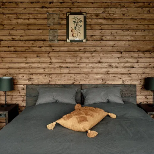 Уютная спальня с деревянными стенами и скромной мебелью в загородном доме в тихом месте