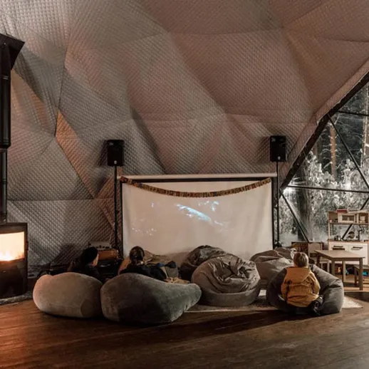 Уютная встреча в геодезическом куполе с камином и большим экраном на фоне зимнего леса