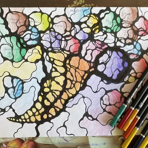 Яркая абстрактная картина с волнами и узорами на бумаге и цветными карандашами