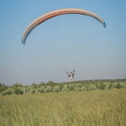Парапланерист приземляется на зелёное поле в ясный солнечный день