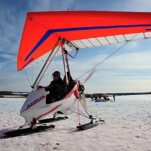 Полет на легкомодельном самолетике над снежным озером в зимний день