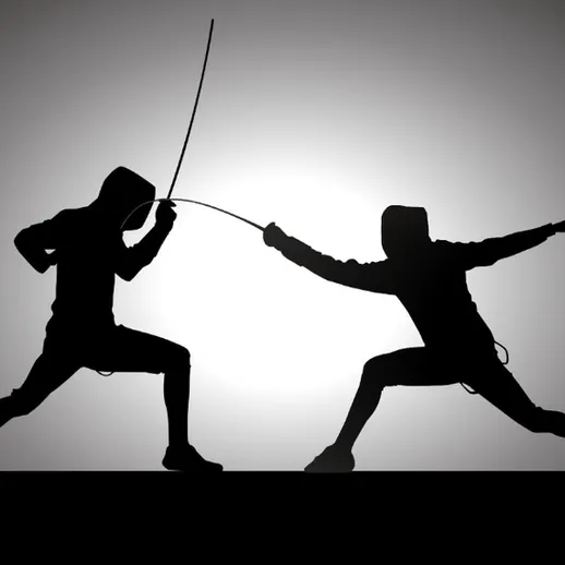 Два спортивных фехтовальщика на фоне светящегося задника во время поединка с мечами