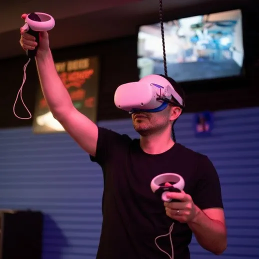 Мужчина играет в виртуальной реальности с контроллерами в игровом зале