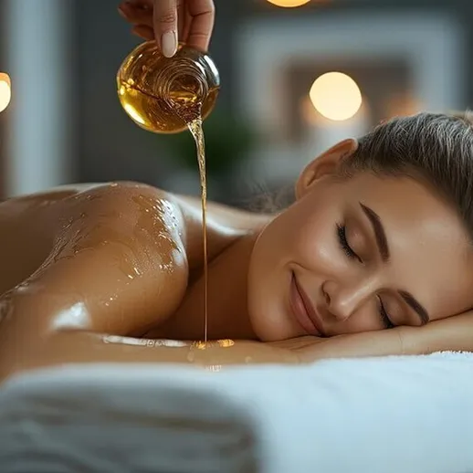 Расслабляющий массаж с ароматическим маслом в спа-салоне при мягком освещении