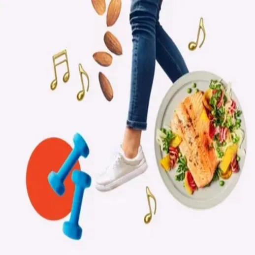 Фитнес и здоровое питание: человек на фоне овощного салата, гантелей и орехов, символизирующих активный образ жизни