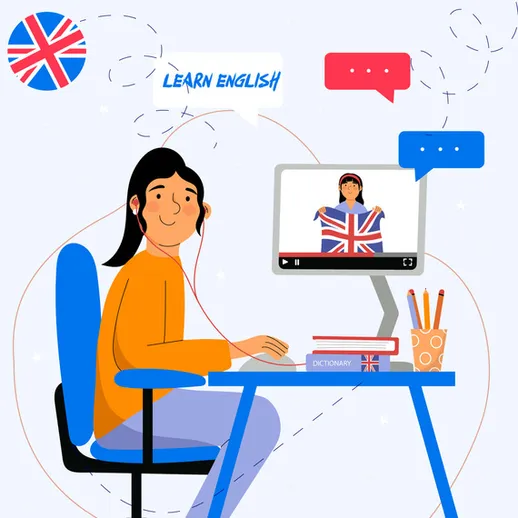 Учеба английскому языку у компьютера: девушка на уроке с флагом Великобритании в интернете