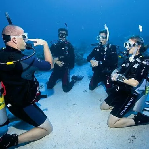 Четыре ныряльщика под водой, обучающиеся дайвингу на коралловом рифе в тропическом океане